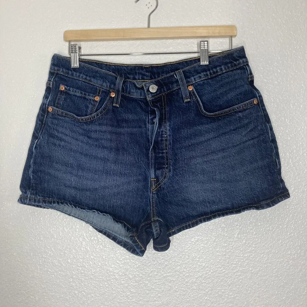 Levis 501 Shorts womens 33 Blue Denim Jean Button Fly Stretch Bermuda Casual